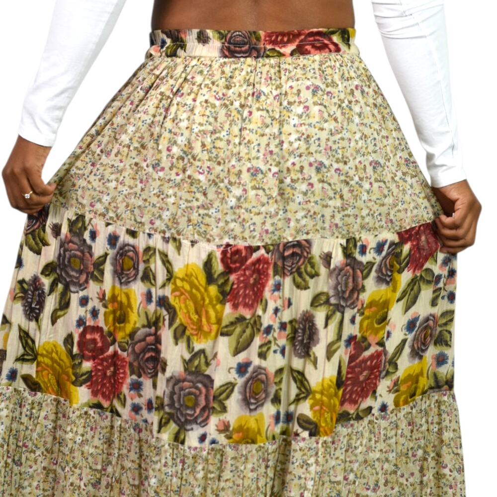 Vintage Tangibles Broomstick Skirt Tan Floral Tier Maxi Gauzy Rayon India Medium - Picture 5 of 16